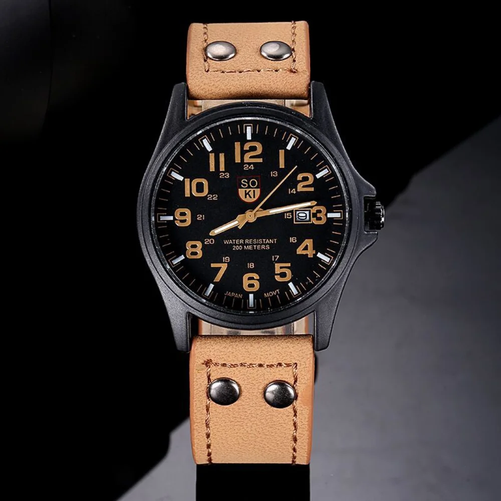 2024 Vintage Classic Stainless Steel Waterproof Date Leather Strap Men Watch Sport Quartz Army Fashion Digital Clock