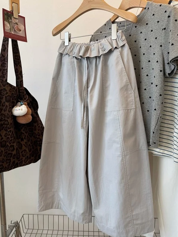 

Casual High Waist Wide Leg Pants Women plus Size Floral Trim Design Summer Loose Comfortable Hip Concealing Eighteen Inches