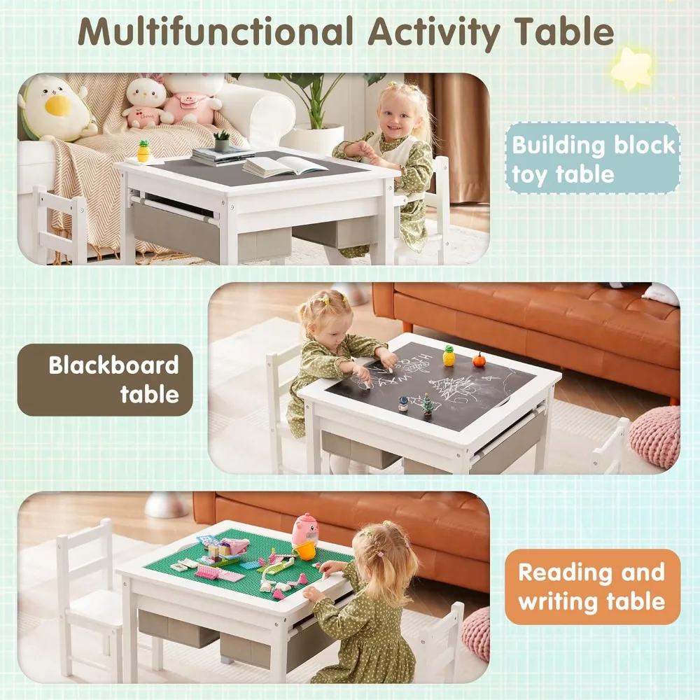 Ensemble de table et 2 chaises pour enfants avec rangement, table de jeu de construction pour tout-petits avec poignées, blocs amovibles et tableau noir, 3 en 1