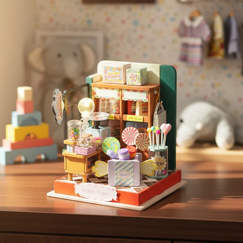

OUZEY 3D Wooden “Cozy Cafe” DIY Dollhouse Kit - with Furniture & LED Lights, Miniature Building Toy & Gift