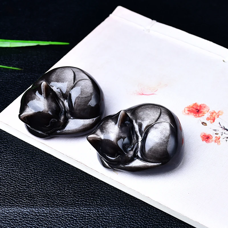 تمثال نوم على شكل قطة من حجر السج الفضي الطبيعي 50 × 46 × 34 ملم - حجر قطة لطيف منحوت بالكريستال - منتج ديكور منزلي للهدايا #2