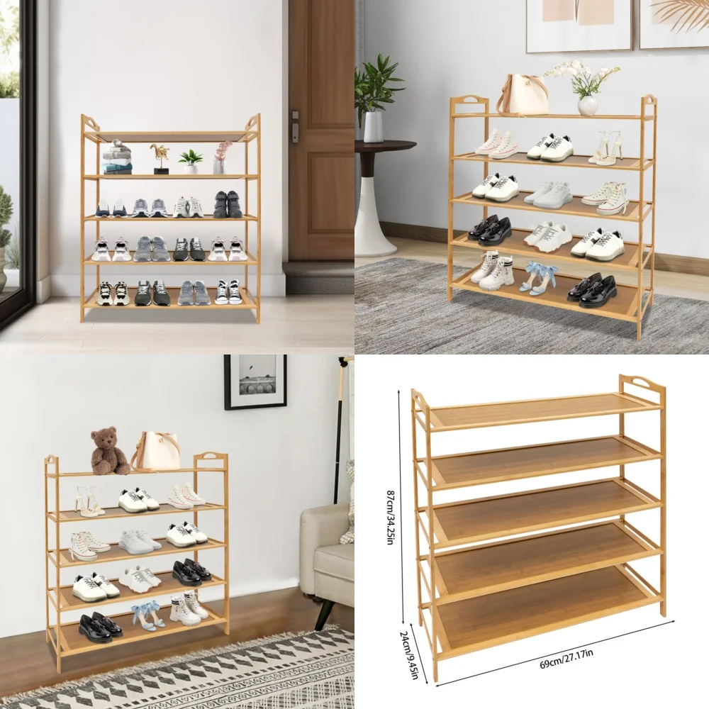 

5 Tier Shoe Rack Bamboo MDF Entryway Organizer Storage Cabinet for Home Hallway Space Saving Modern Design Floor Standing Shoe