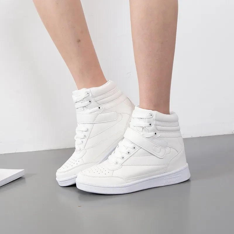 Maogu Autumn Winter Shoes PU Leather Shoe Woman High Top White Black Boots casual Women Sneakers Hidden Heel Height Increasing