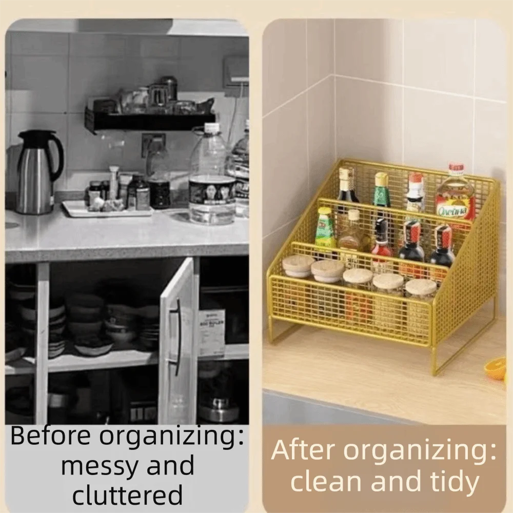 

Sturdy Kitchen Countertop Organizer Metal Basket Space-Saving Kitchen Storage Rack Organizer Shelf Multi-purpose Spice Organizer