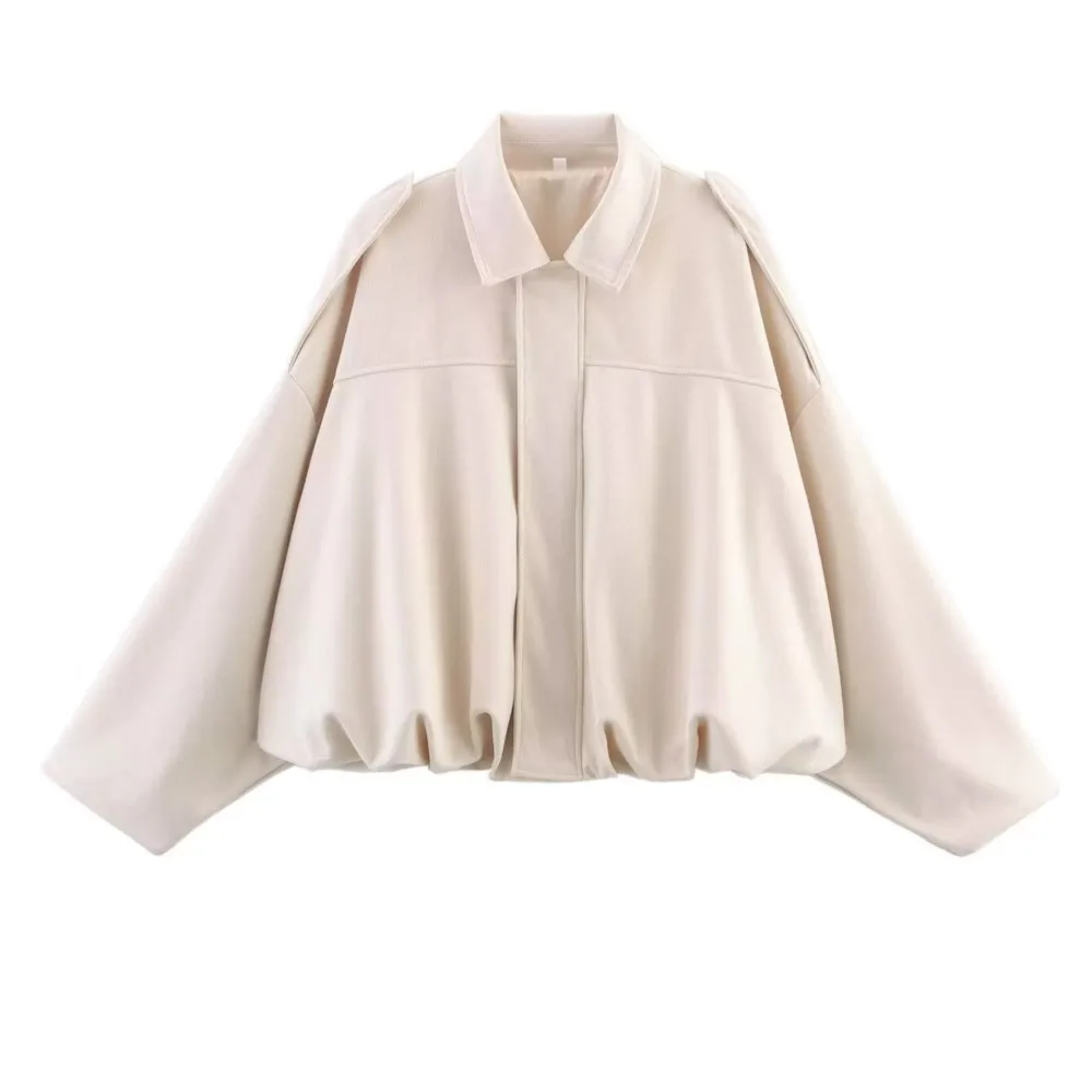 Women's Faux Suede Short Jacket Spring Autumn Solid Color Shoulder Straps Oversized Long Sleeves Loose Retro Street Style Jacket