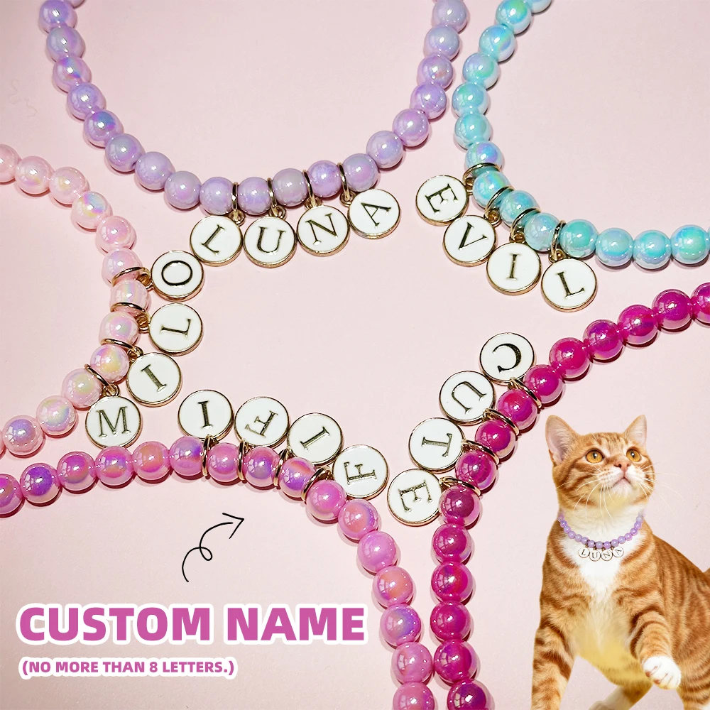 

Personalised Elegant Cat Necklace Choker Vibrant Colorful Beads Custom Name Letters Kitten Puppy Collar Lightweight
