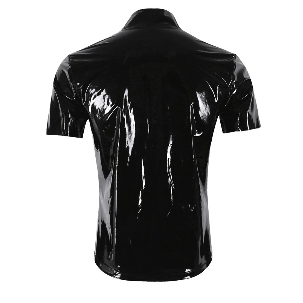 Men Faux Leather Shirt Coat Jacket Tops Short Sleeve Wet Look Zip Blouse Top Unisex Shiny Glossy Streetwear T Shirt Clubwear