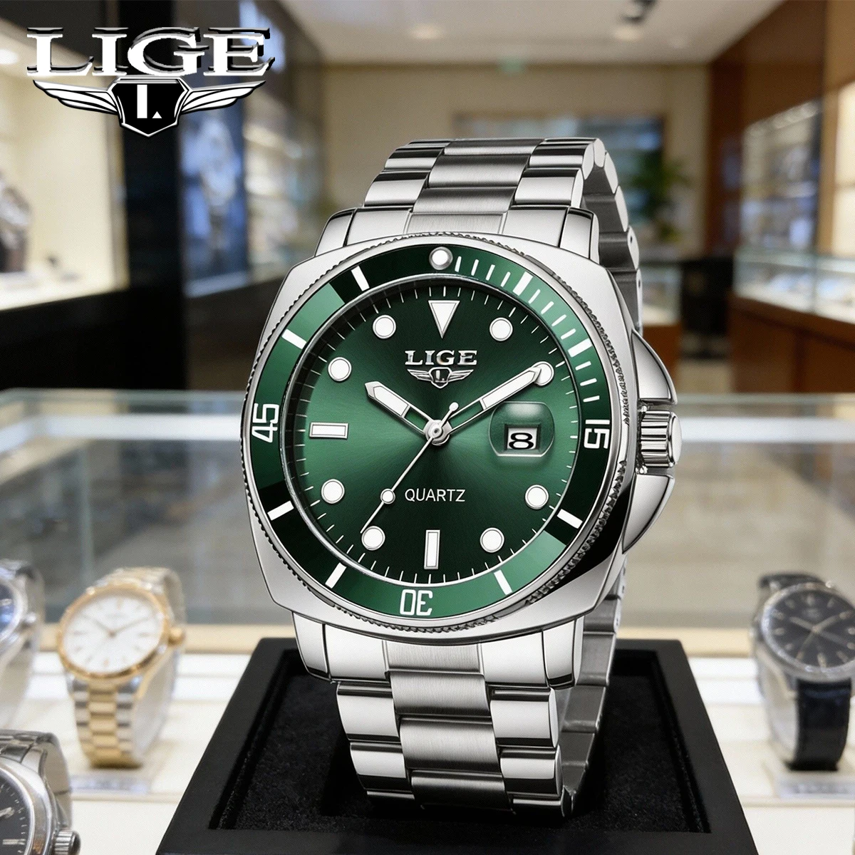 LIGE Fashion Watch Casual Clock Montre Homme Men Quartz Watch Luminous  Calendar Green Water Wok Ghost Sport Men Wristwatch