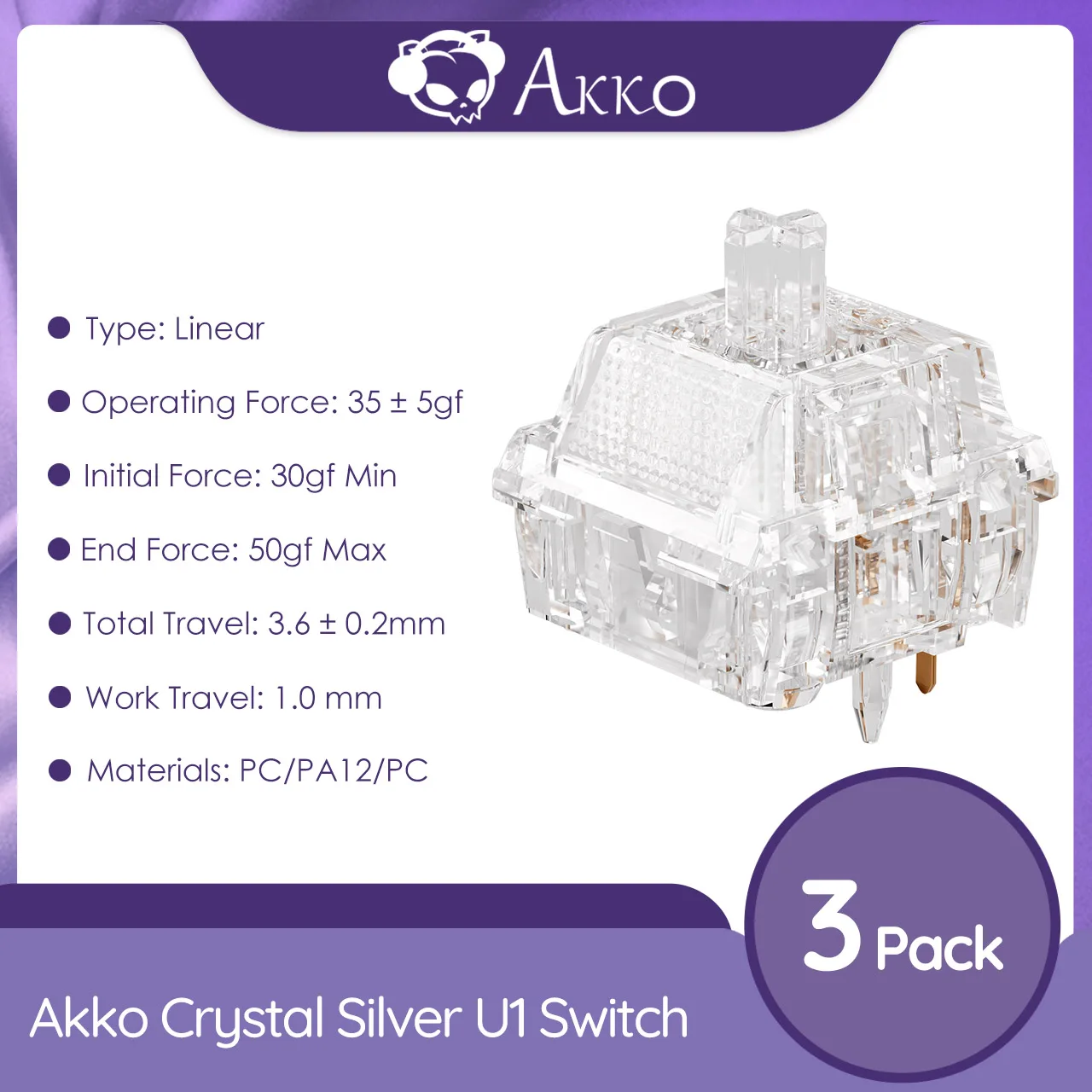 Akko Lineaire Schakelaar U1 Serie Crystal Silver 35gf 5-pins aanpasbare hot-swappable mechanische toetsenbordschakelaars voor gamer 45 stuks
