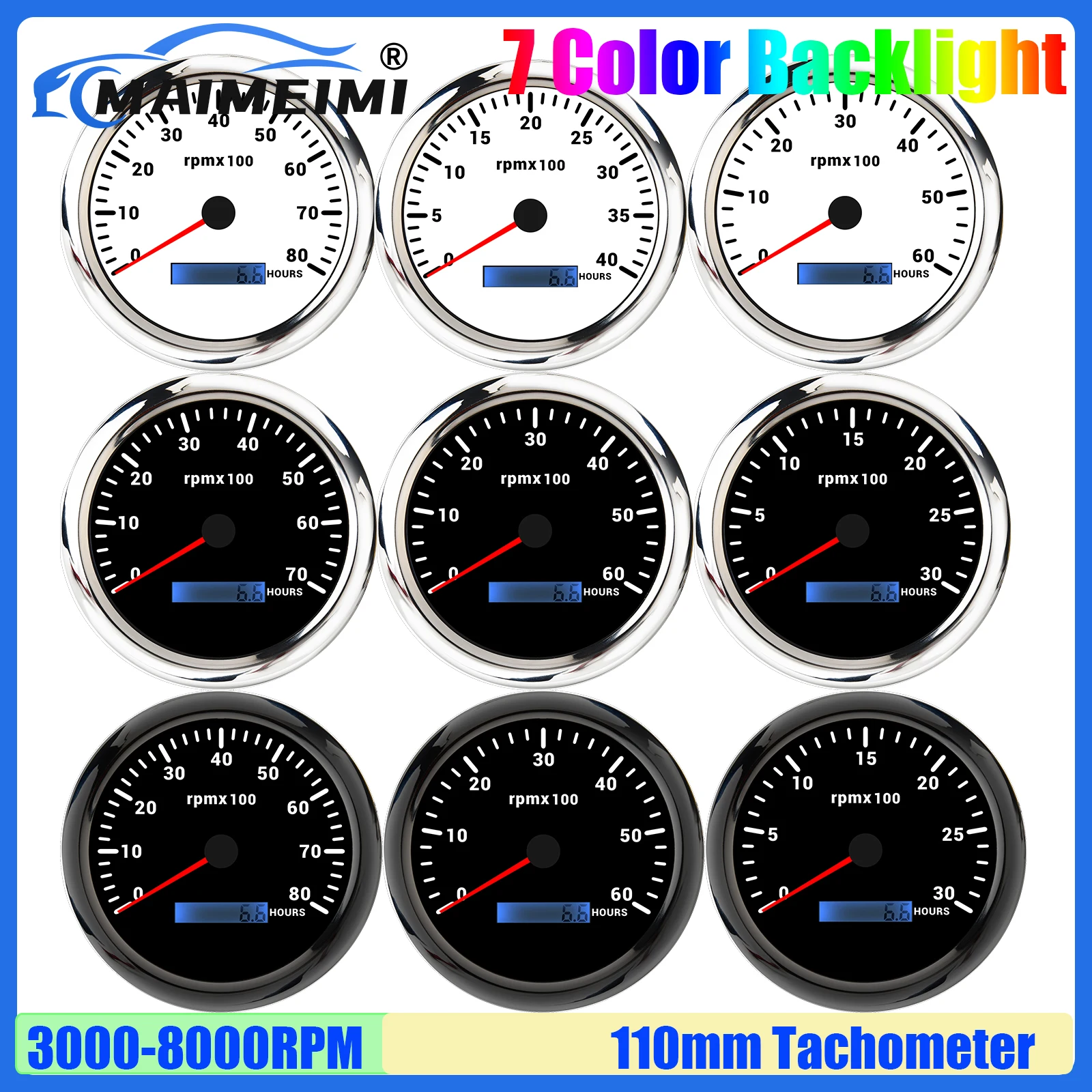 

110mm Tachometer 7 Color Backlight Tacho Gauge 3000RPM,4000RPM,6000RPM,7000RPM,8000RPM for Gasoline Diesel Car Boat Yacht 12V24V