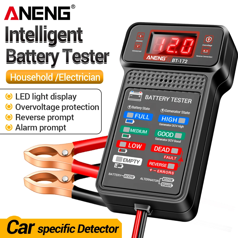 Testeur de batterie numérique ANENG BT-172 pour batteries 12V avec alarme, générateur de signalisation, détection LED et outils multifonctionnels avec pince crocodile