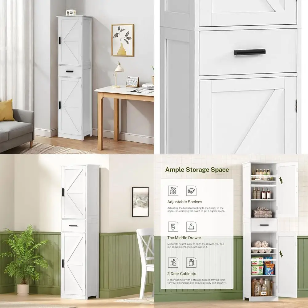 

Белый высокий шкаф для хранения в ванной комнате с 6 регулируемыми полками и ящиком для домашнего офиса и гостиной