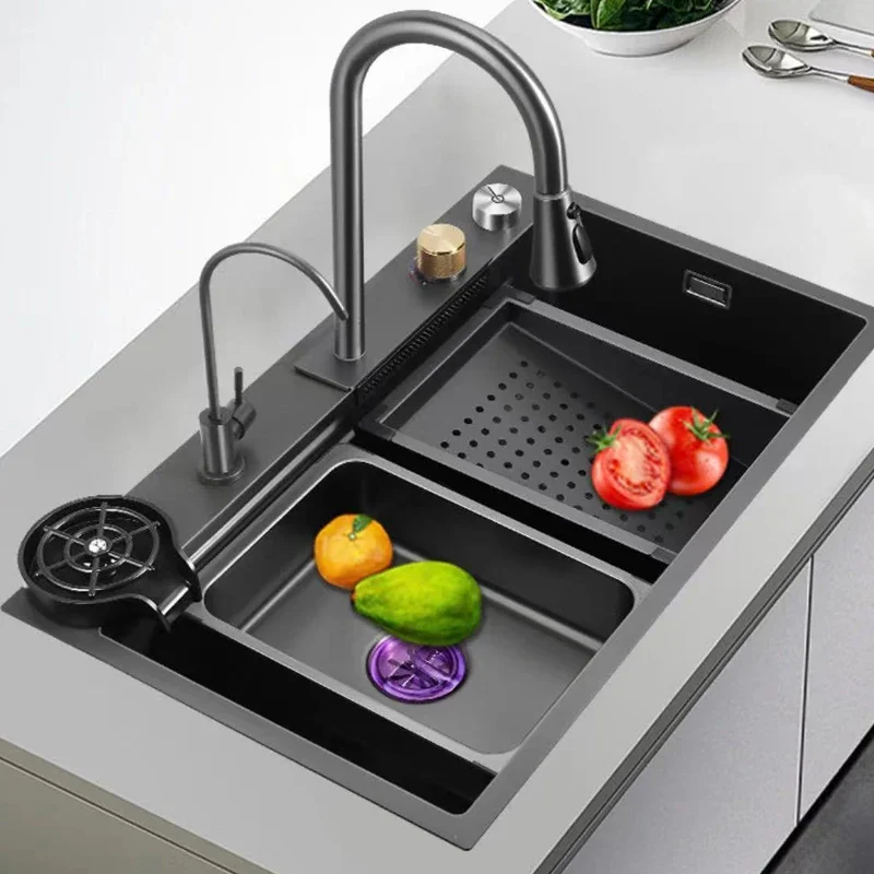 Factory Direct 2026 Executive Black Grey Nano Kitchen Sink Large Size Wash Basin Waterfall Single Bowl Topmount Undermount Kitch