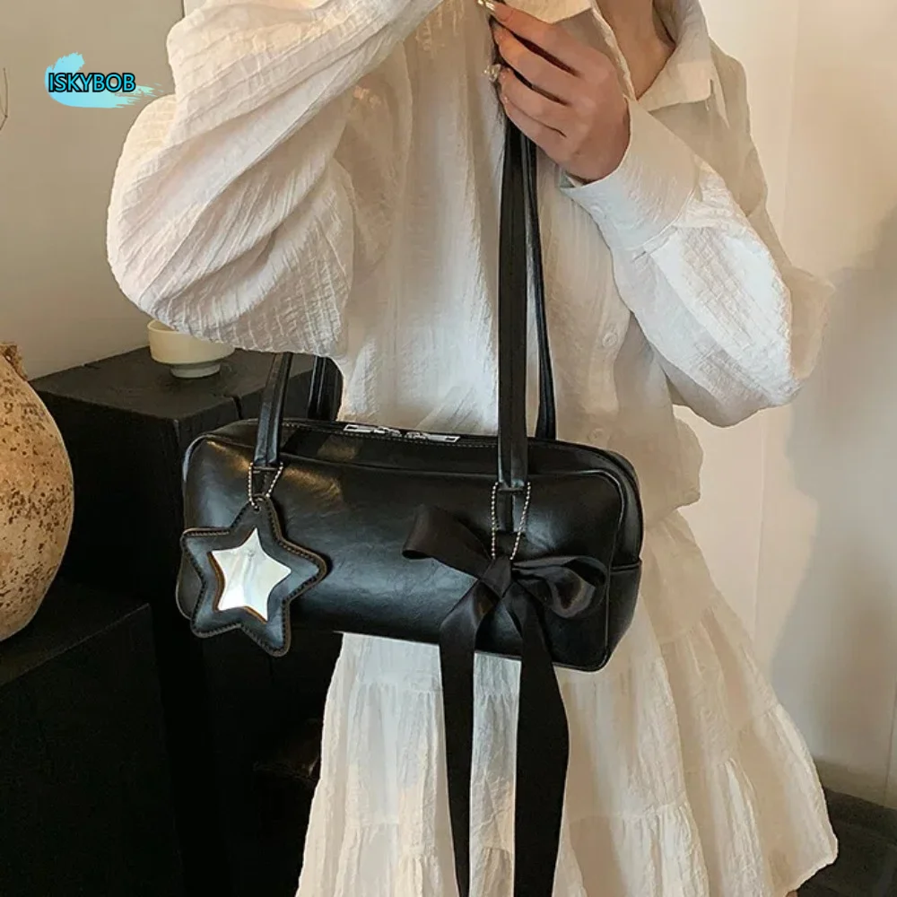 

Solid French Stick Handbag Bow Ribbon High Quality PU Leather Shoulder Bag Star Pendant Large Capacity Rectangular Underarm Bags