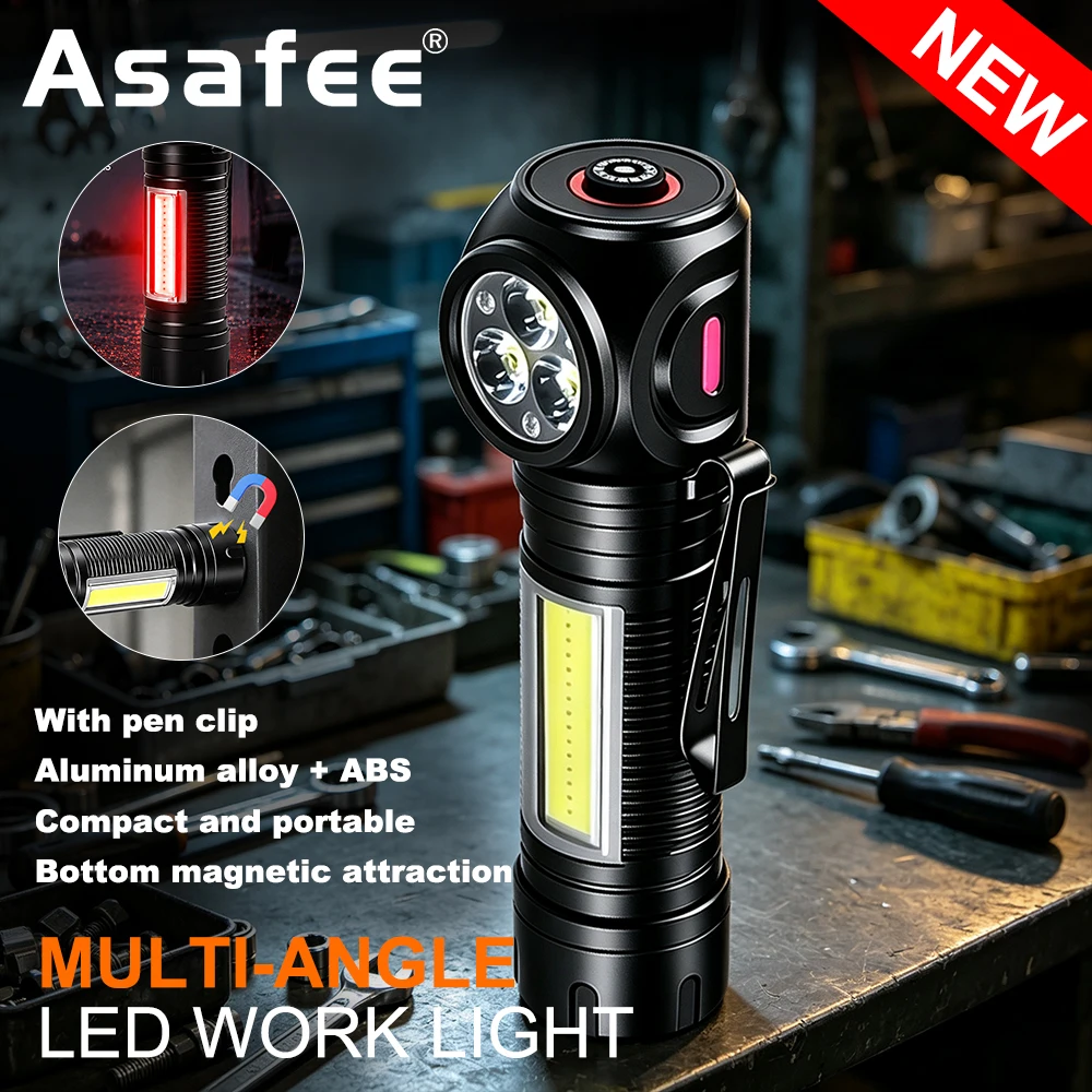 Asafee MJ-253 600LM Rechargeable EDC Flashlight 6 Modes IPX4 Waterproof Magnetic Pocket Work Light For Camping Repair Emergency