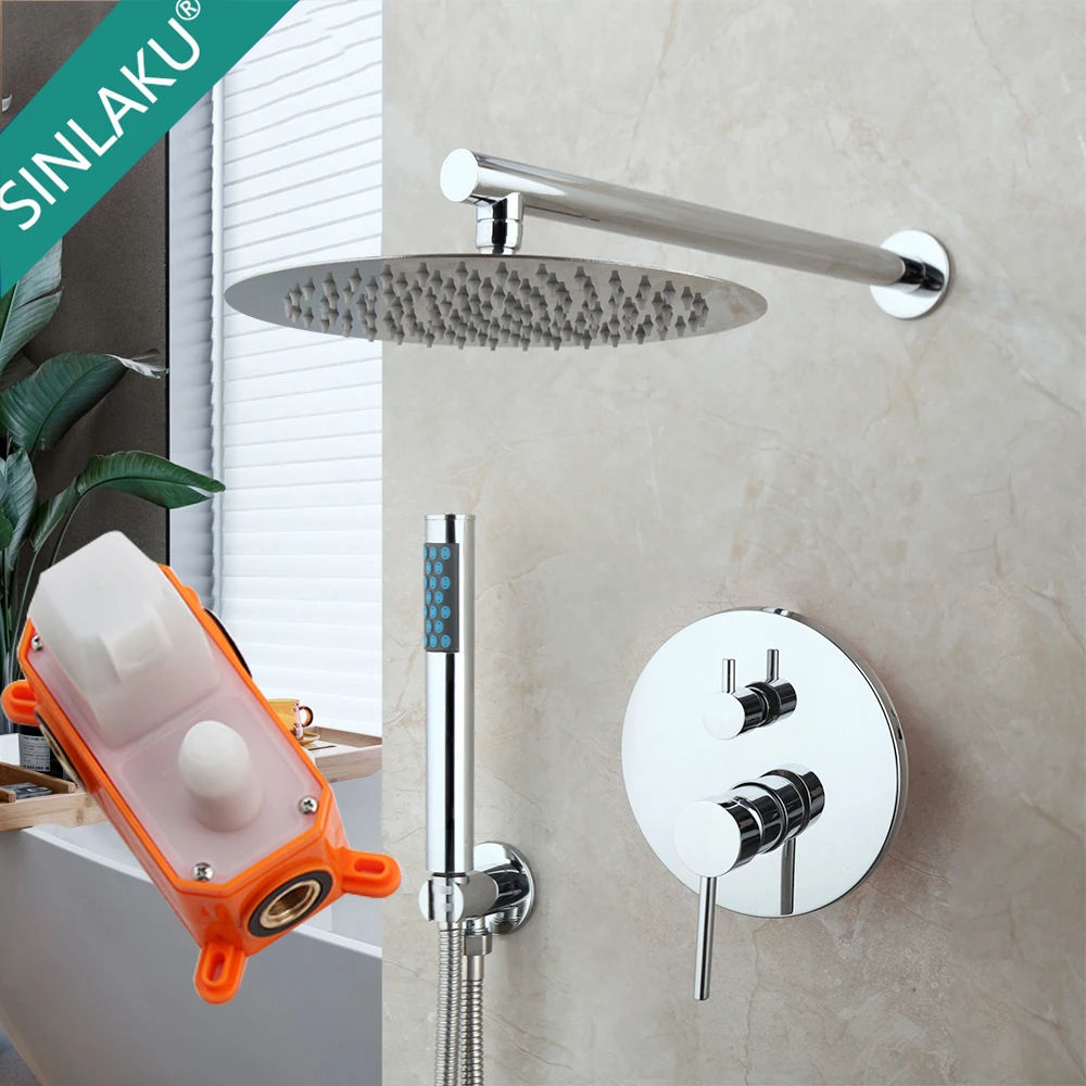 SINLAKU Chrome Finished Bathroom Shower Faucet Wall Mount Rainfall  Round Shower Head Shower Set Mixer Tap Embedded Box Valve