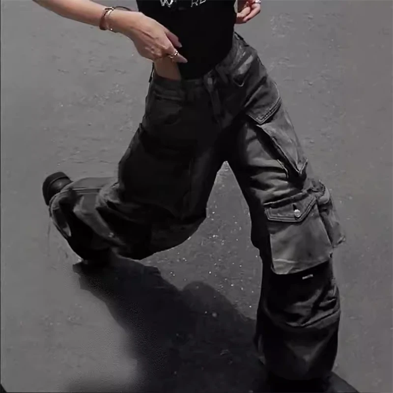 Y2K Multi-Pocket Cargo Jeans For Women High Street Hip Hop Punk Style Dark Wash Work Pants Harajuku Jeans