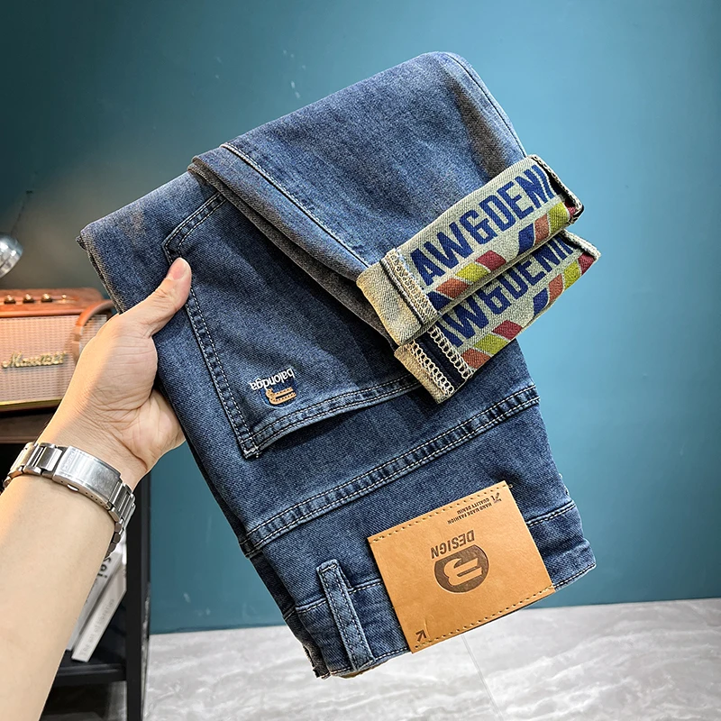 Trendy Printed Embroidered Slim Jeans Men's Summer Thin Stretch Breathable All-Match Casual Micro-Ha Stretch Small Straight-Leg