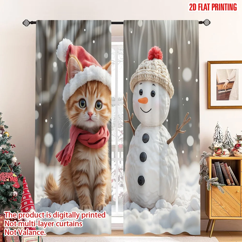 

2pcs 2D flat printing Christmas Party Curtain Cute Cat Snowman Winter Fabric Without Electricity Festive Holiday Perfect for