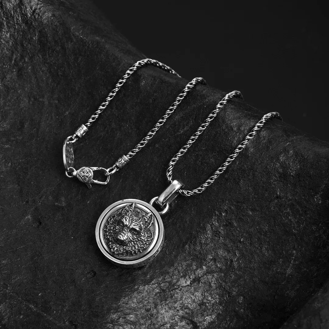 Sterling silver wolf round necklace men's silver pendant retrotrendy clavicle chain casualeasiest for match seiko accessories