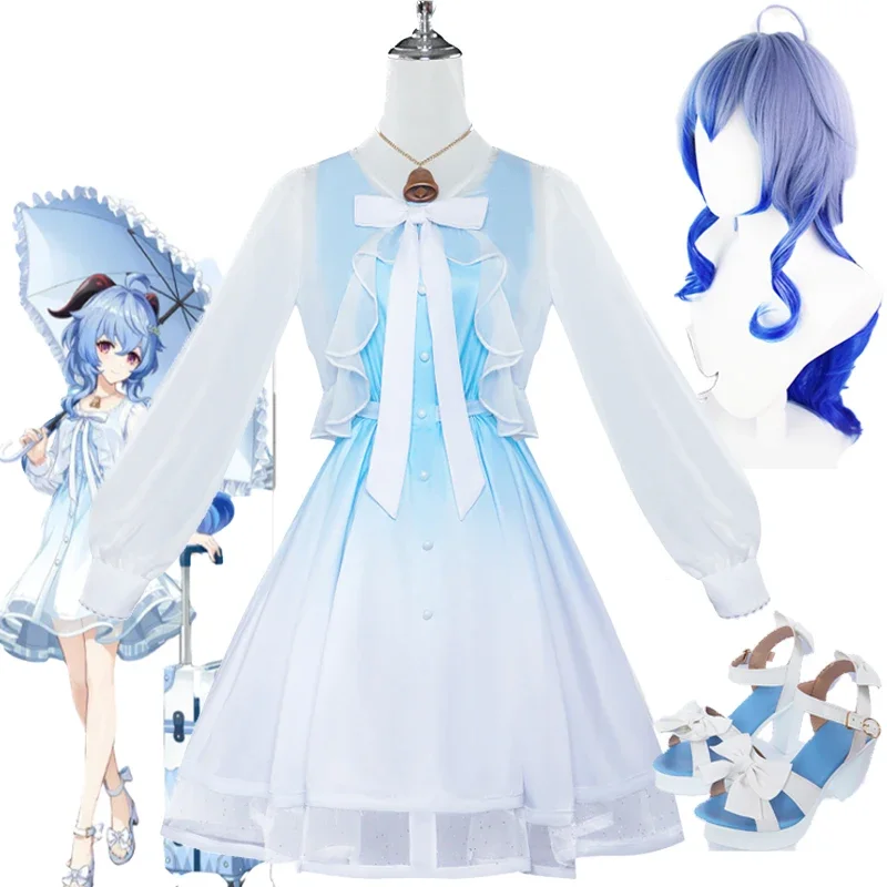 

Game Genshin Impact Costume Wig Ganyu Cosplay Costume Lovable Blue Lolita Halloween Party Dress Suit