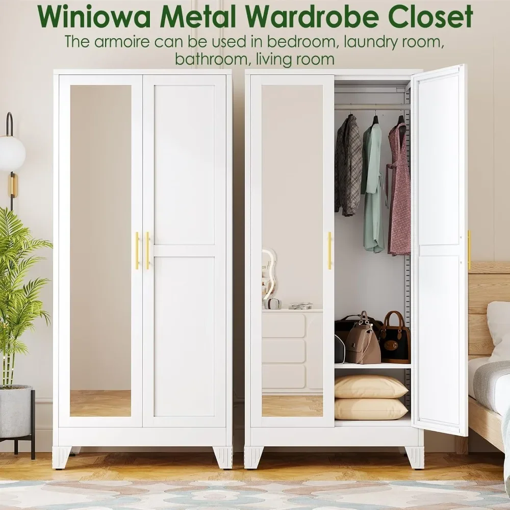 71-Inch Metal Armoire Wardrobe with 2 Mirror Doors & Adjustable Shelves