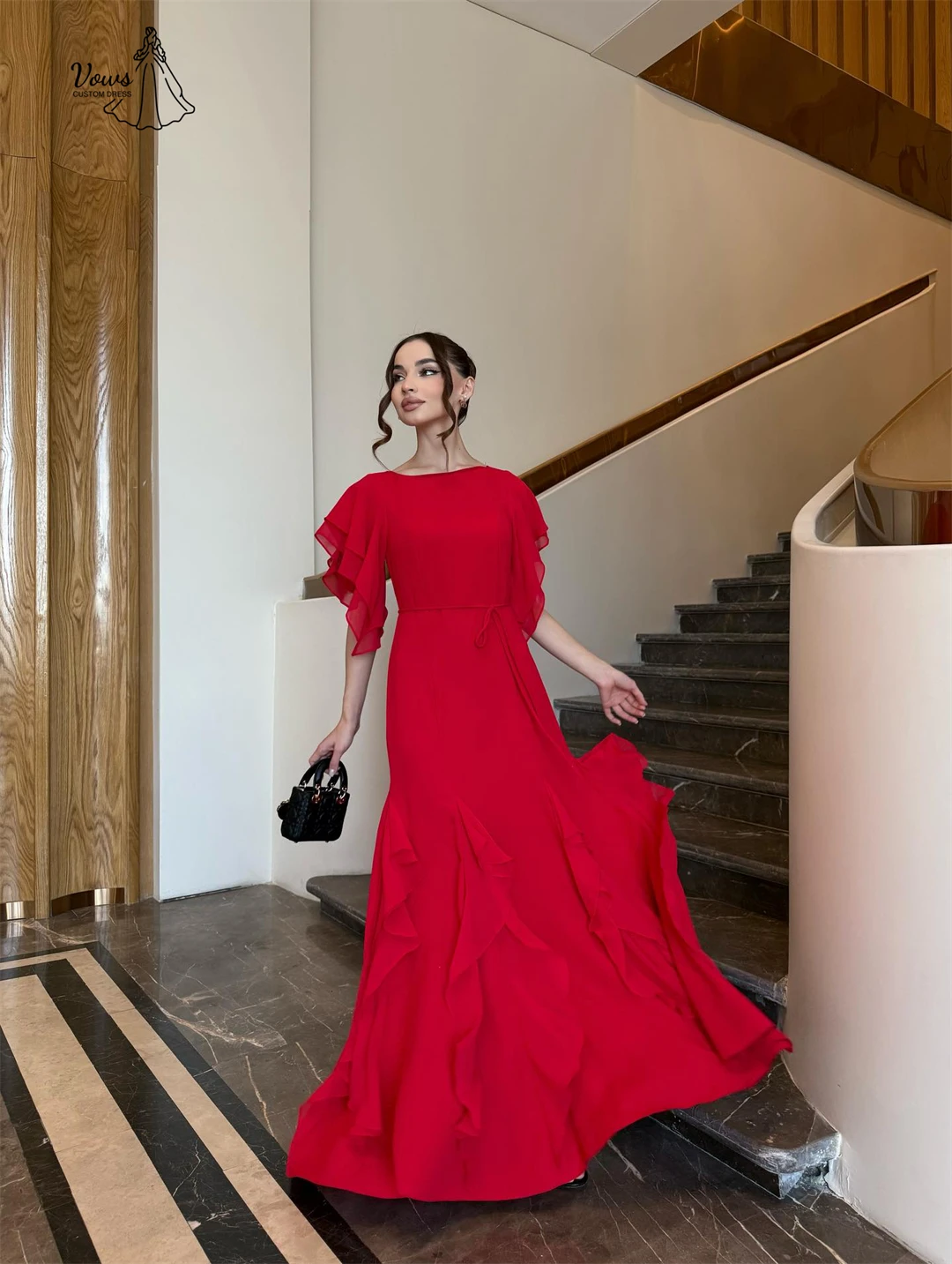 Vows Line A Black Dresses Woman Elegant Womens Evening Party Dresses 2025 Woman Red Chiffon Custom Made Multi-layer Ball Gowns