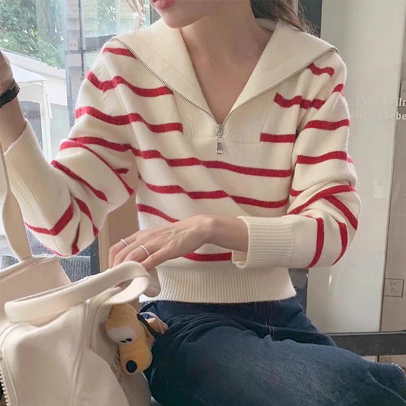 

Women Casual Striped Sweaters Sailor Collar Long Sleev Pullover Warm Knitting Shirt Female Autumn Winter Versatile Knitted Tops