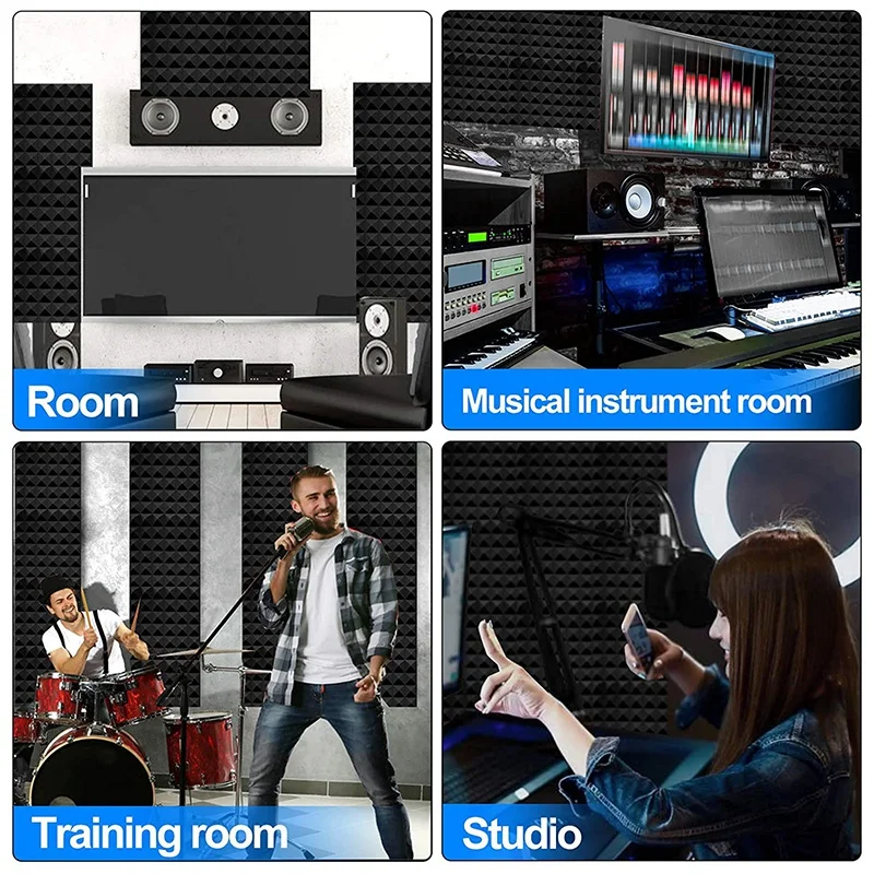 Panel busa kedap suara 12 buah, 2 inci x 12 inci x 12 inci panel akustik berbentuk piramida untuk dinding, Studio, rumah dan kantor