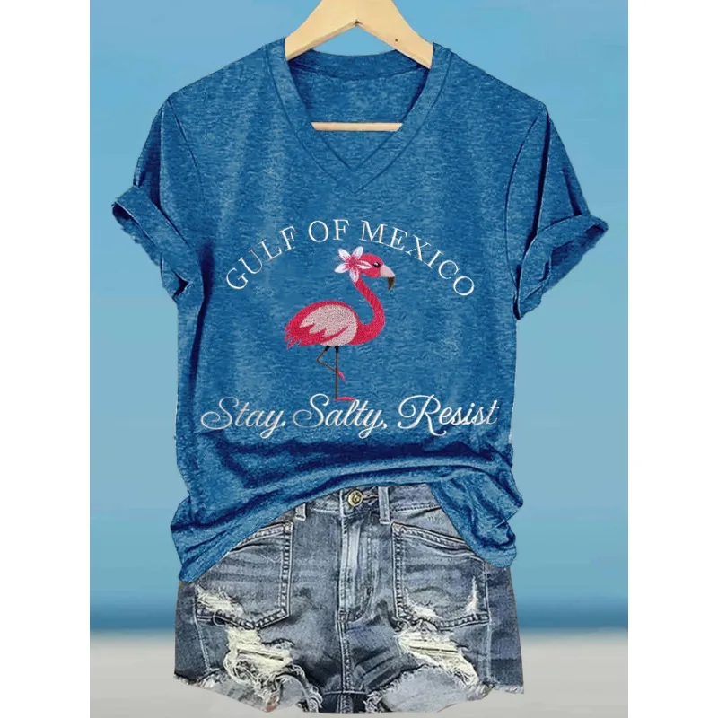 Ladies Short Sleeved T-Shirts Casual V Neck Summer Tops Gulf of Mexico Day Printed T Shirt Hot