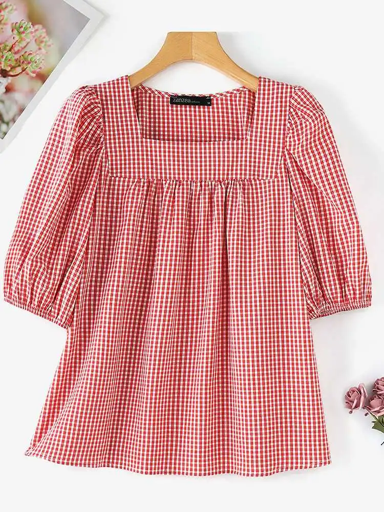 ZANZEA Women Plaid Blouse Casual Puff Short Sleeve Shirts 2024 Summer Square Neck Pleated Tunic Casual Loose Holiday Korean Tops