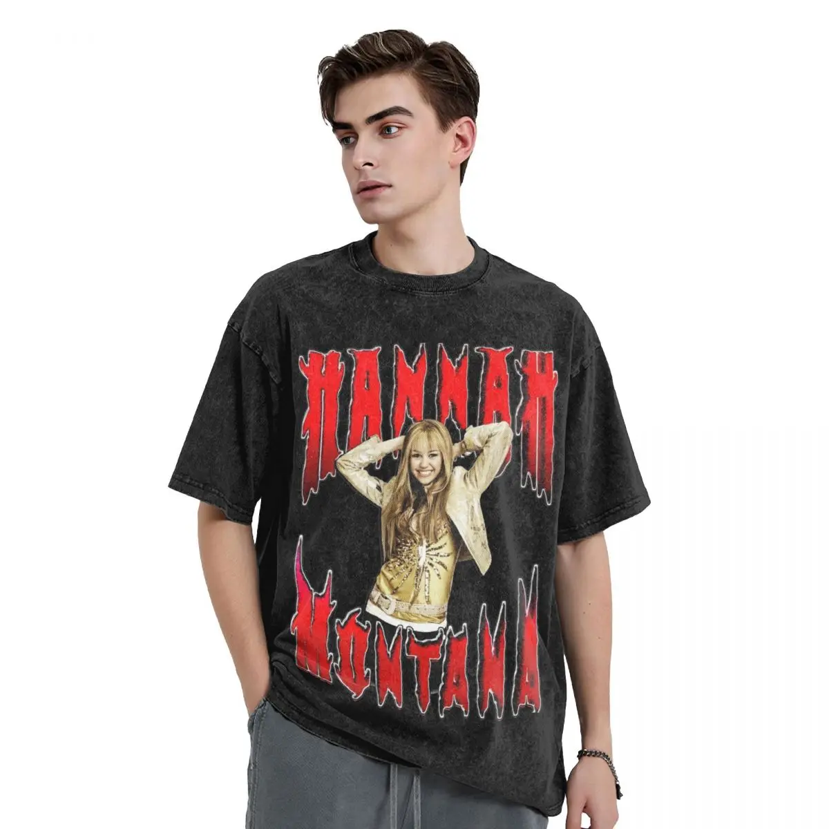 Hannah Montana Rock T Shirts Hip Hop Washed Cotton Street T-Shirts Vintage for Men Women Tops Streetwear Summer Tees