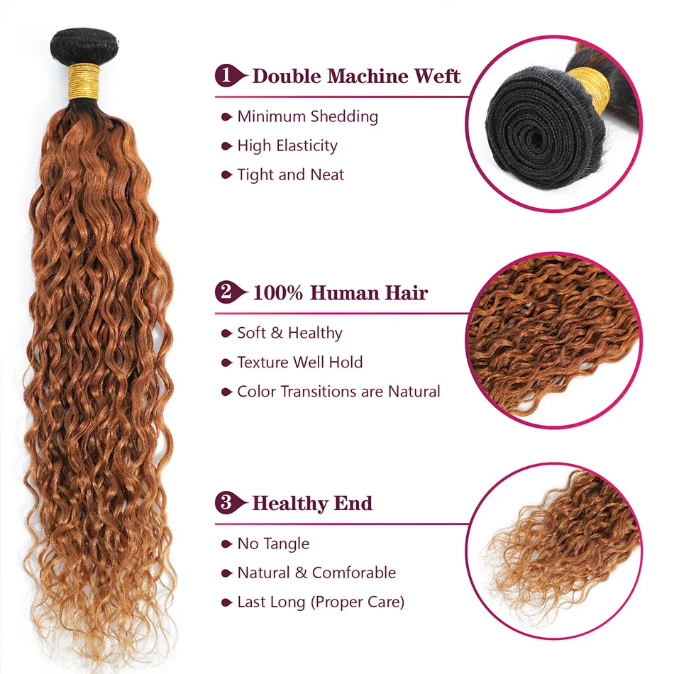 DreamDiana 10A Ombre Water Wave Human Hair Bundles With Closure 3 Bundles Peruvian Wavy Water Weave Bundles With Lace Closure