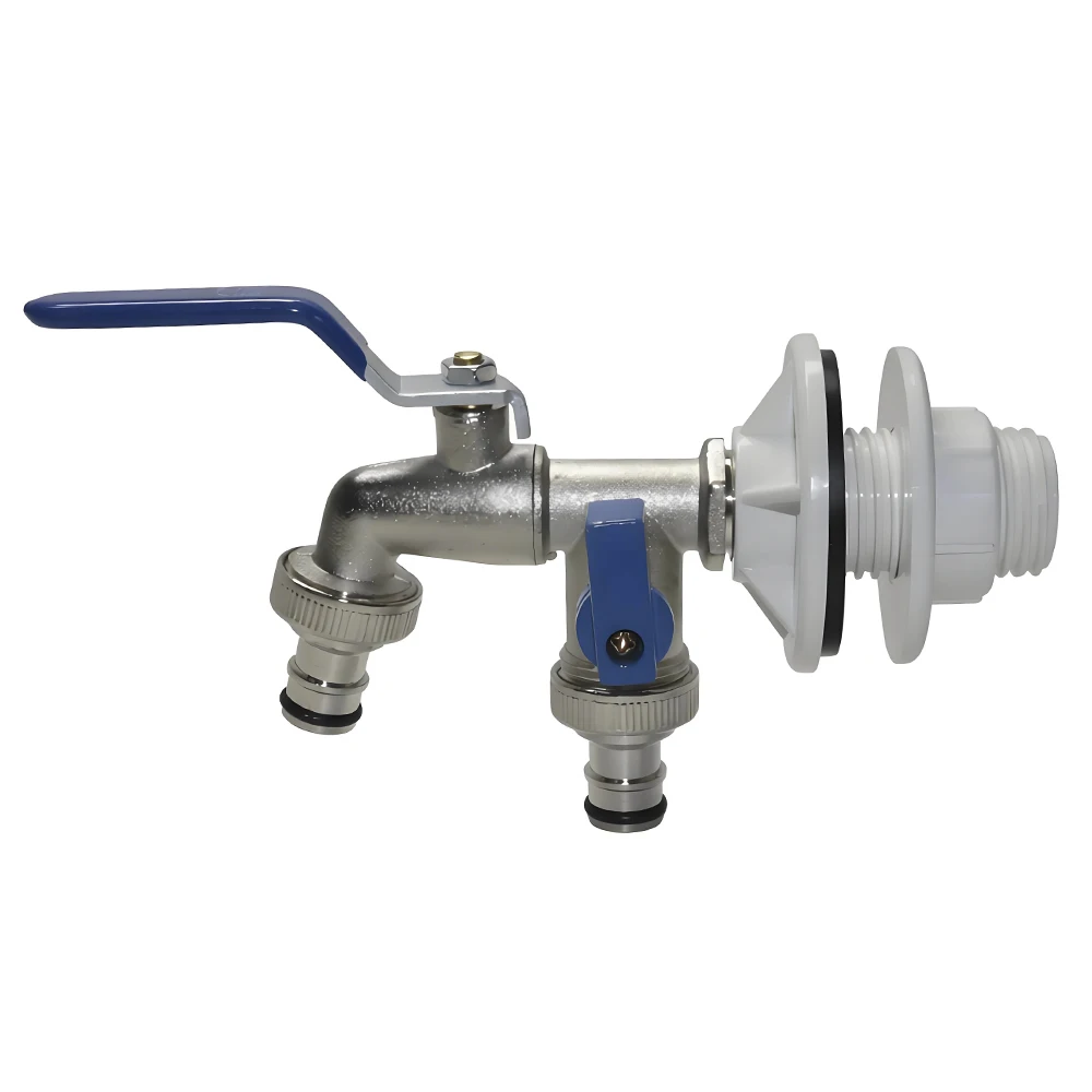 Premium Zinc Alloy Dual Outlet Garden Tap with Bulkhead Fitting – Leak-Proof, Easy Install, for Rain Barrels, Water Tanks Outd