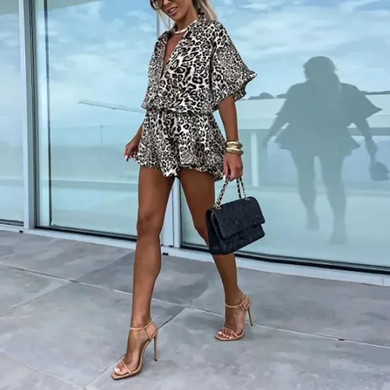 

Fashion Leopard Print A-Line Shorts Dress Women Spring V Neck Elastic Waist Commuter Dress New Summer Flare Sleeve Party Dresses