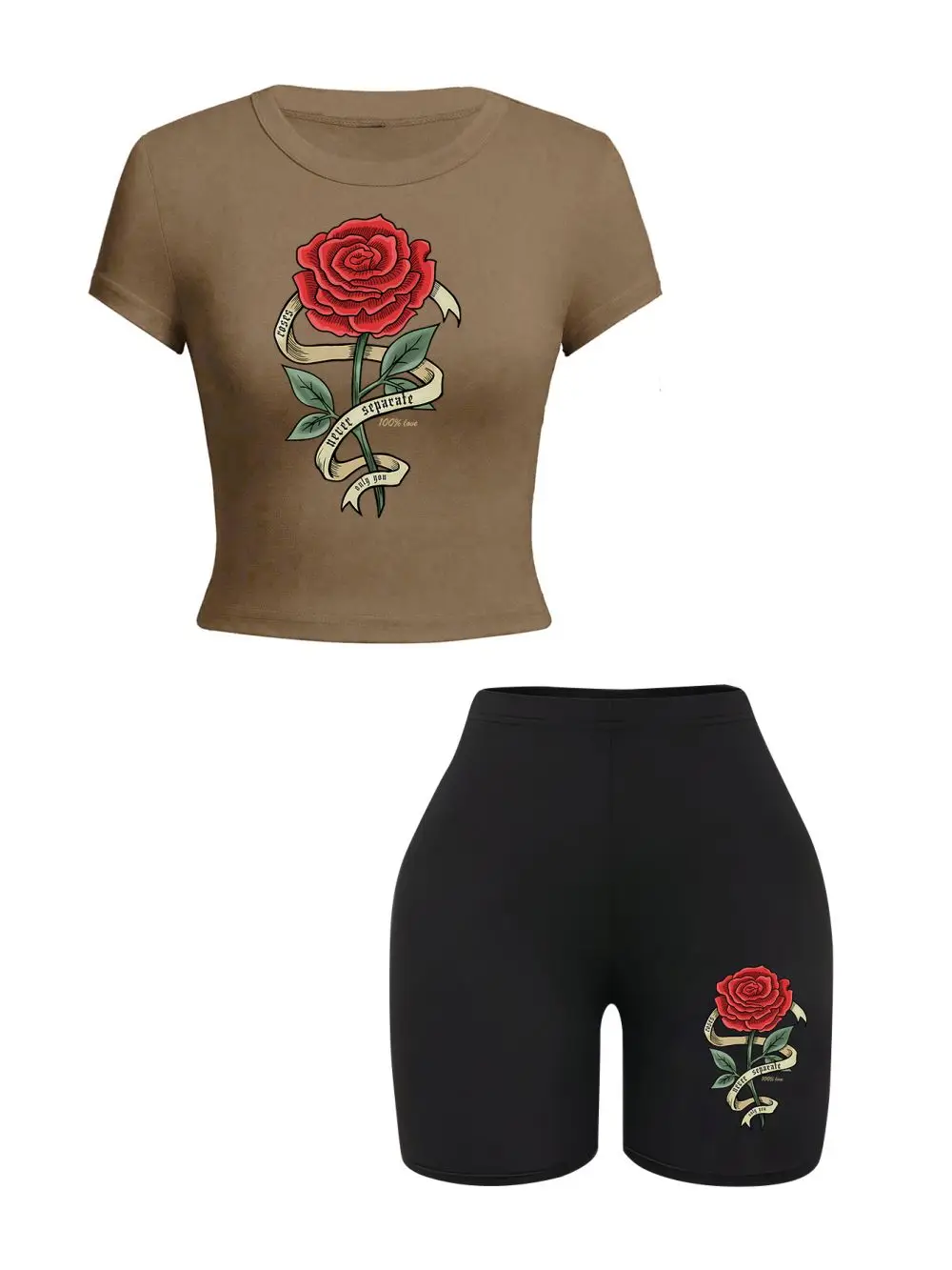 Trend Woman Crop T-Shirts & Shorts Two Pieces Set Red Roses Wrapped In Ribbons Prints Tops Slim O-Neck High Elastic Soft Clothes