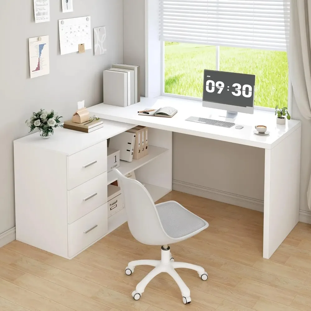 White L-Shaped Computer Desk with 3 Drawers and 2 Shelves, Reversible Home Office Corner Desk for Writing Study Work, Custom