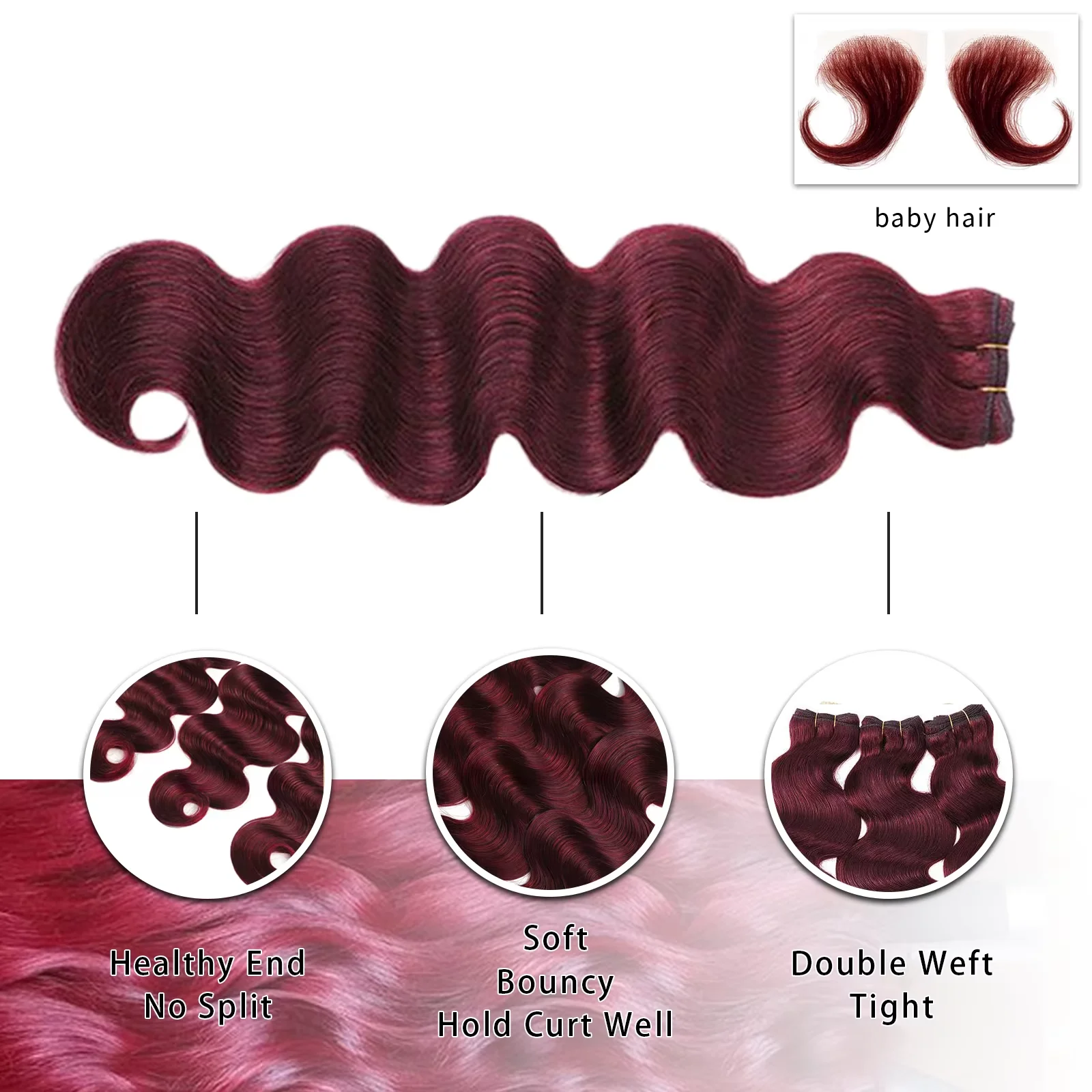 16A 버건디 99j 바디 웨이브 번들 브라질 레드 컬러 인모 번들 4/5/6피스 헤어 익스텐션 더블 위브 컬러 번들
