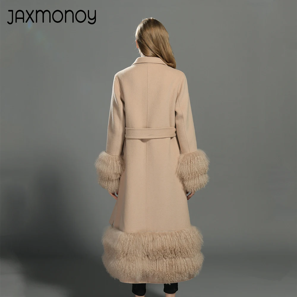 

Jaxmonoy женское шерстяное пальто, роскошные плащи из натурального монгольского овечьего меха с подолом, женские элегантные кашемировые длинные куртки с двойным лицом, осень