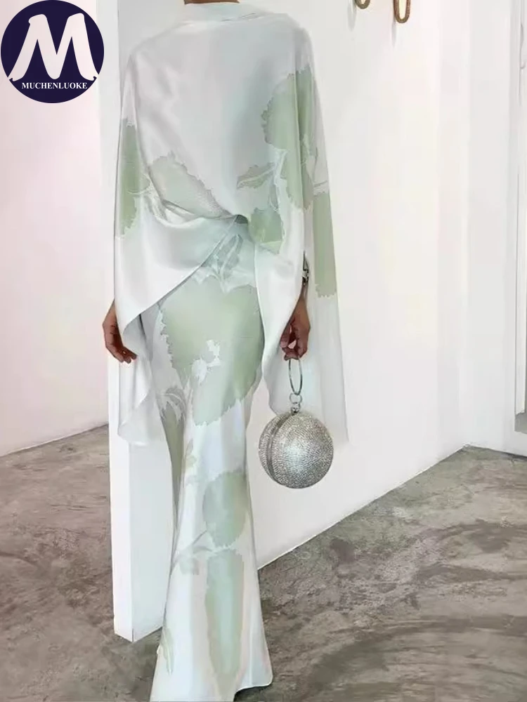 

2 Pieces Set for Woman Summer Elegant Casual Printing Half High Collar Flare Sleeve Tops Suits Fashionable Slim Fit Dress Sets