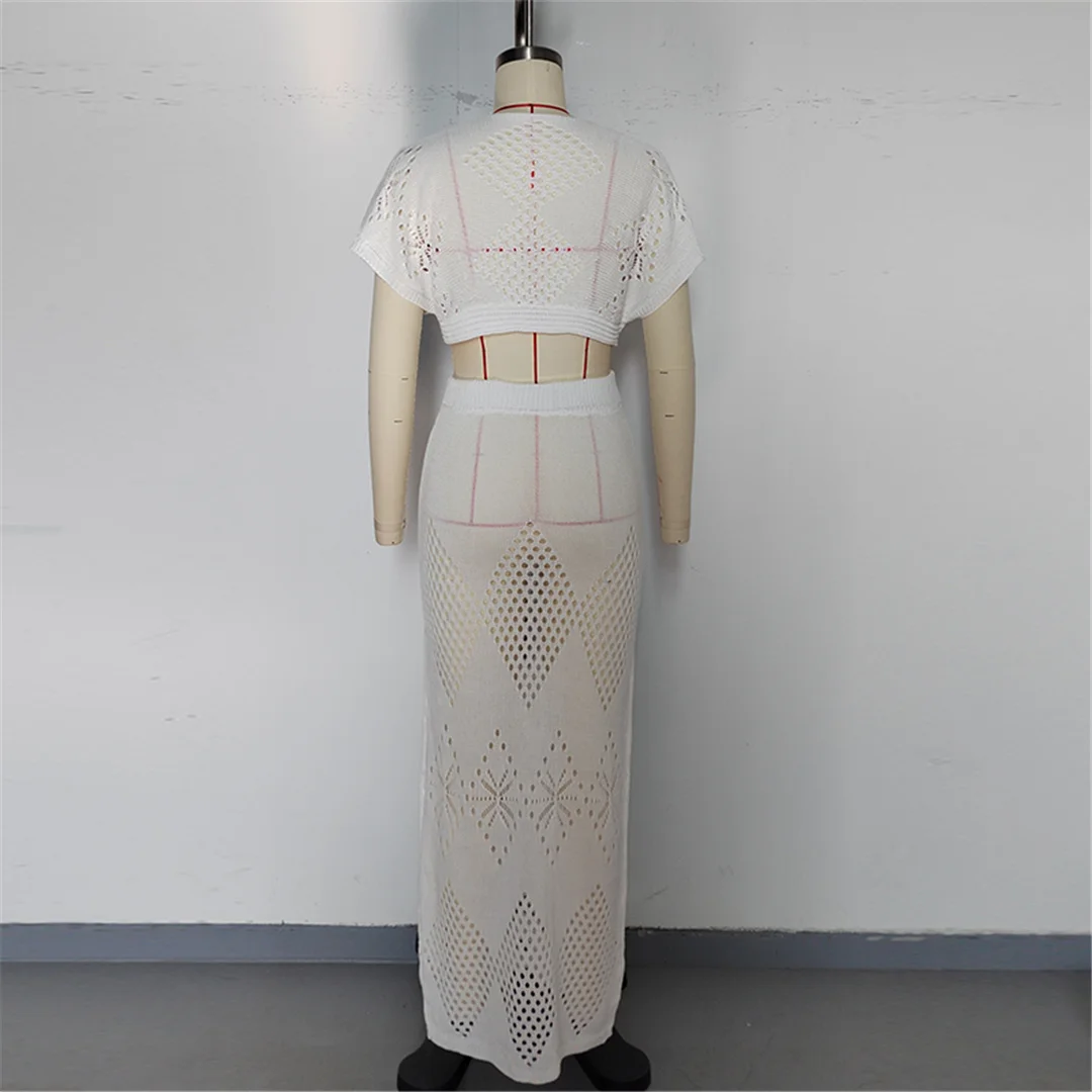 V-Ausschnitt, kurze Ärmel, gehäkeltes Strickmuster, zweiteiliges Set, Strandkleid, Strandmode, Strandbekleidung, Strandüberwurf, Damen, V6703 – Detail 16