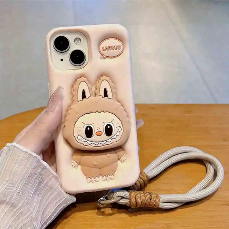 Hot 2024 For phone 16 15 14 13 12 11 Pro 7 8 Plus X Xs Max Xr Kawaii Labubu Soft Silicone Cover With Holder Case Send Friends