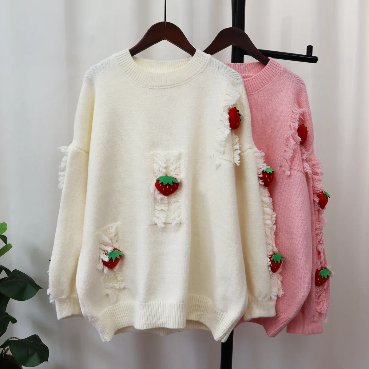 Hsa  2023 Sweet Strawberry Tassel Knitted O-neck Pullovers Women Slouchy Style Patchwork Jump Korean Solid Pull Sweater Tops