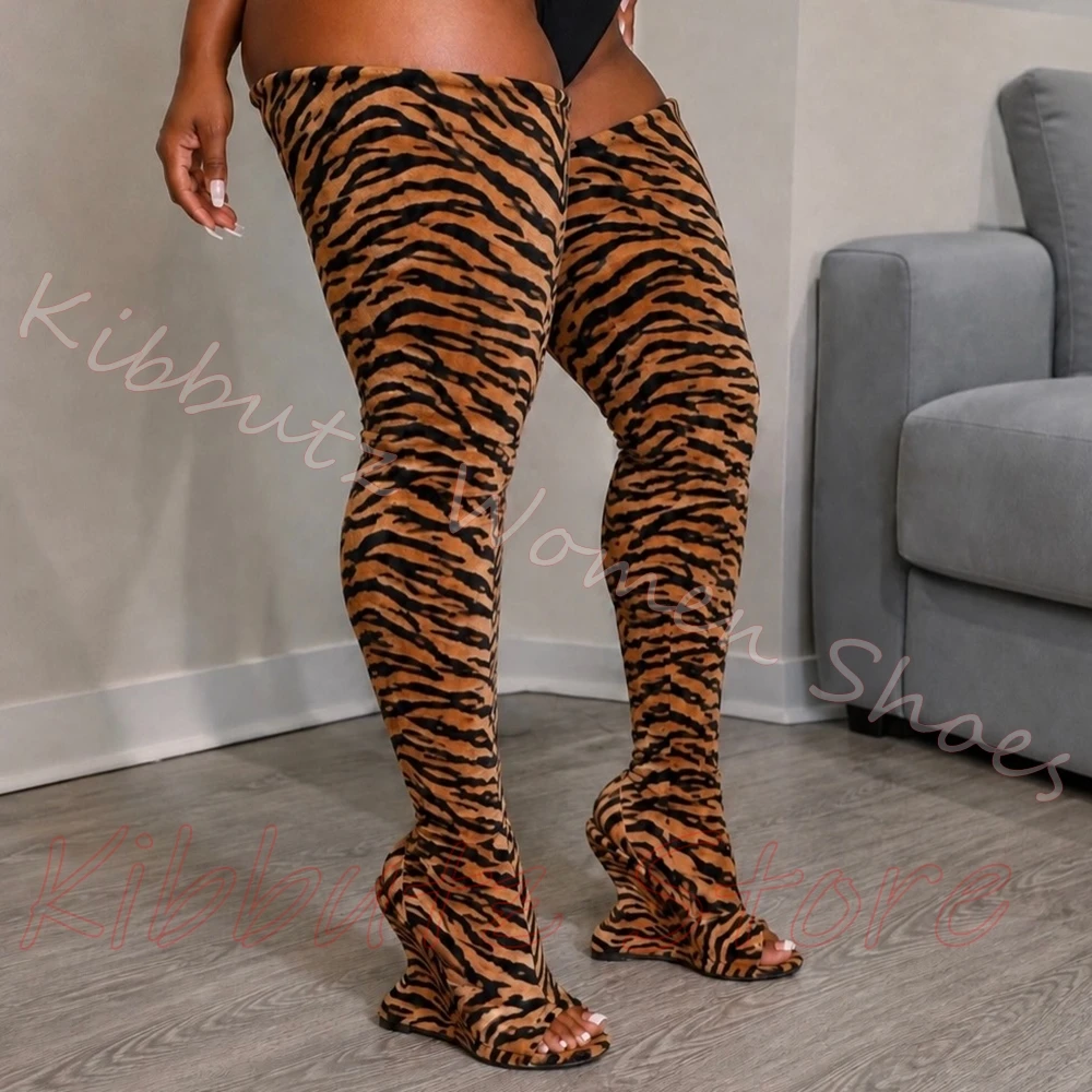 Over Knee Boots Animal Print Women Stretch Fabric Open Toe Wedge Heels Party Club Sexy Fashion Leather Shoes Mixed Color Luxury