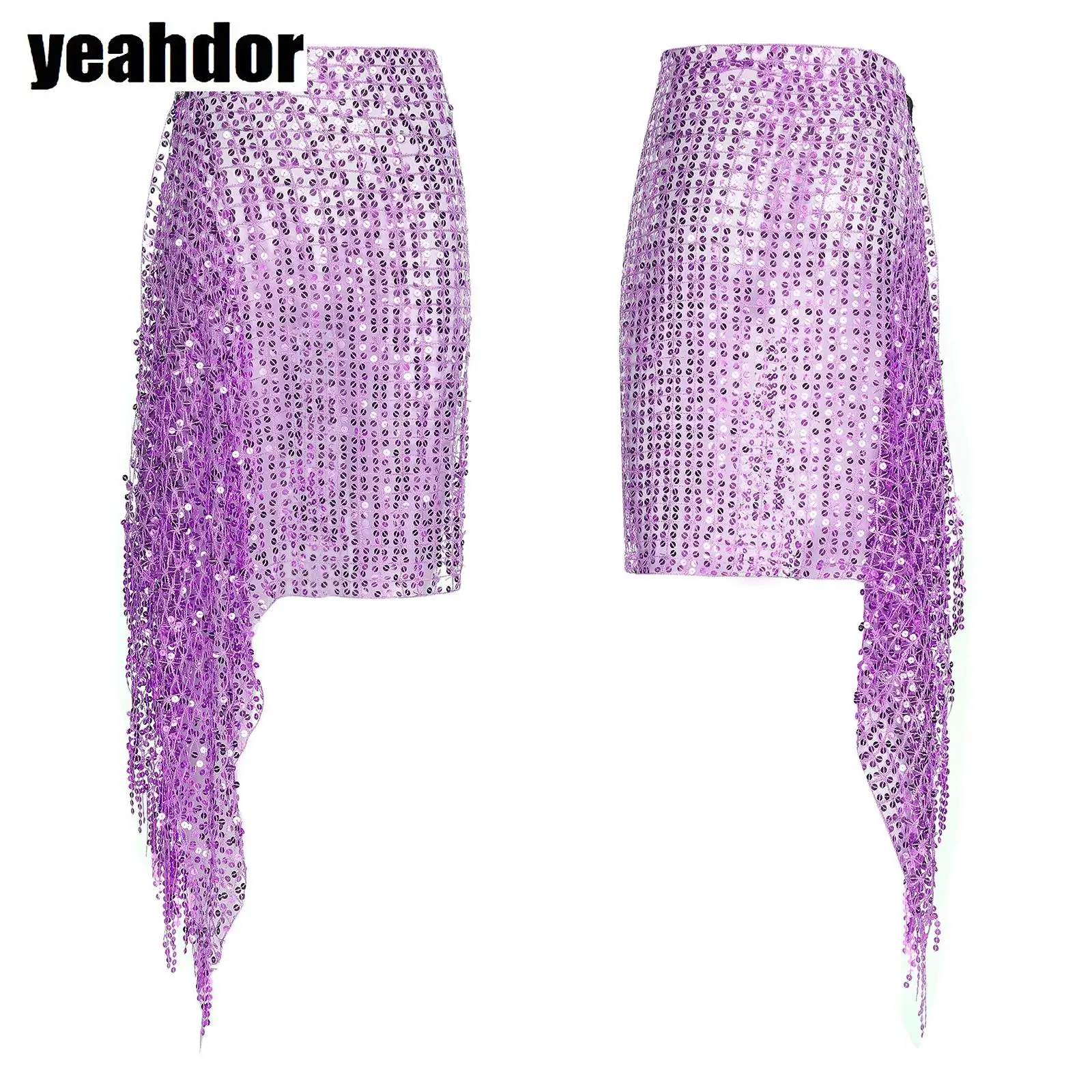 

Women Sequin Belly Dance Hip Scarf with Rhinestone Star Clip Self-tied Tassel Hollow Out Hip Skirt for Latin Salsa Dance Costume