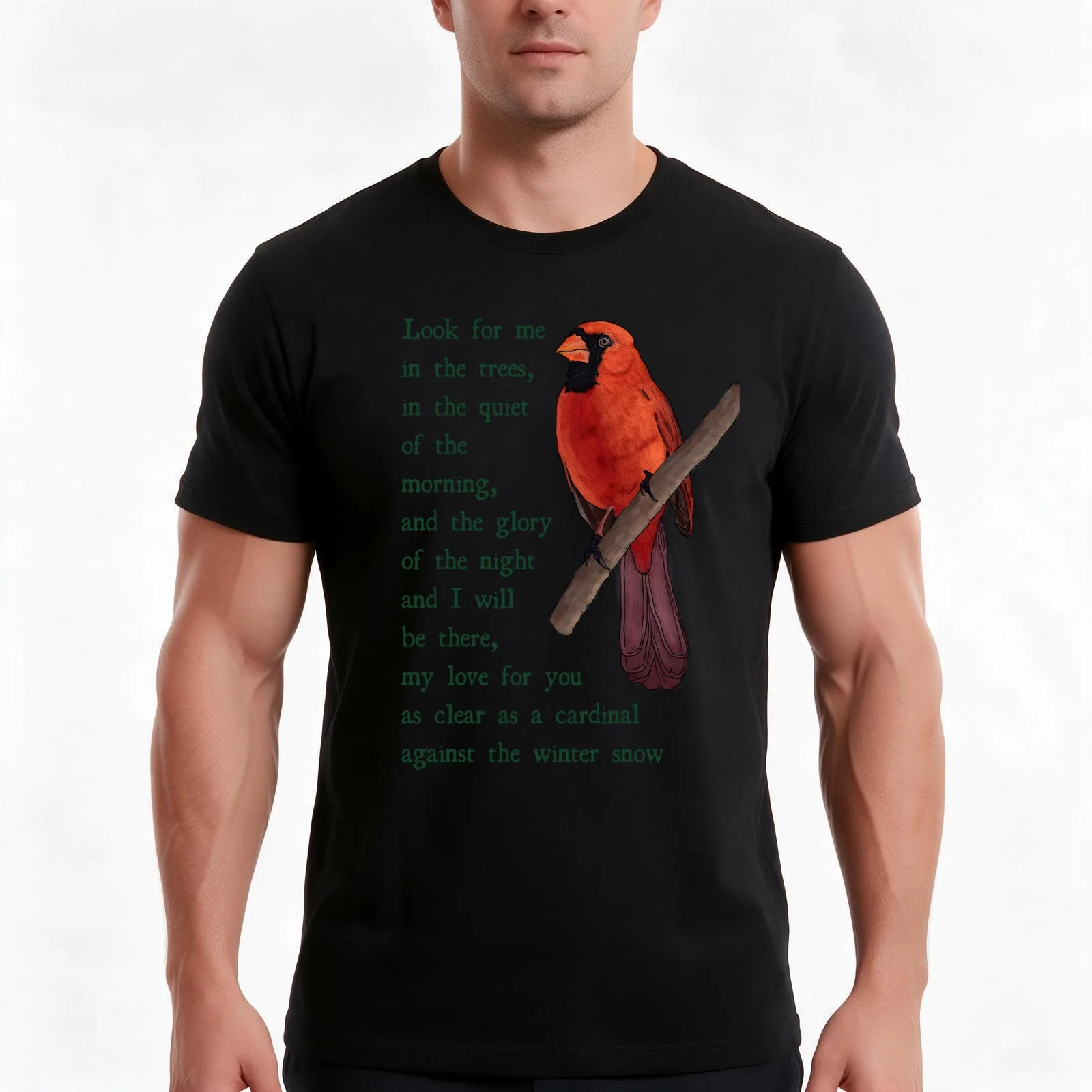 Loved One Cardinal Condolence Message and Illustration (Green on White) T-Shirt Summer Casual Cotton Tee Vintage Graphic Print