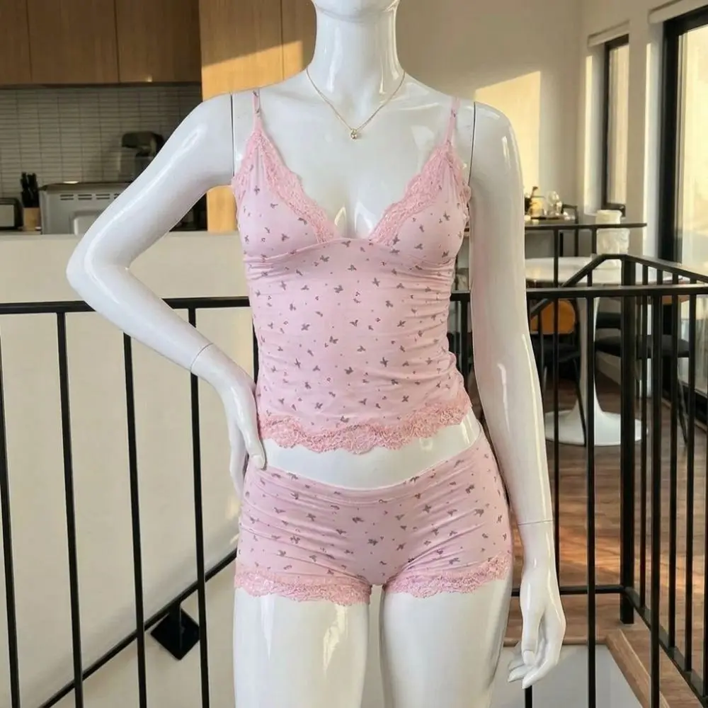 Two-piece Fashion Sexy Pajamas Set Pink Floral Lace Women Sleepwear Sleeveless Western Style Camisoles Tight Shorts Four Seasons image 2
