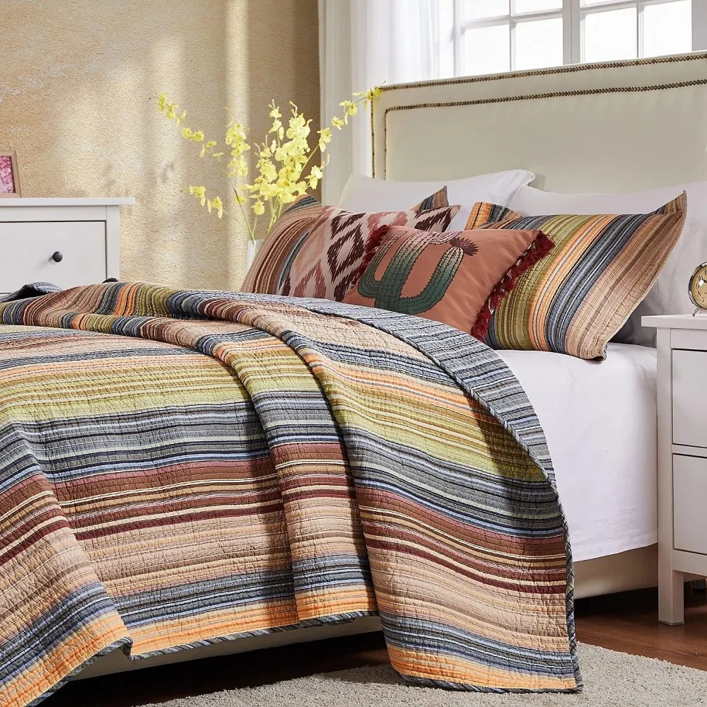 Greenland Home Katy-Ensemble de couette à rayures réversibles, multicolore, 100% coton, 3 pièces, complet, reine