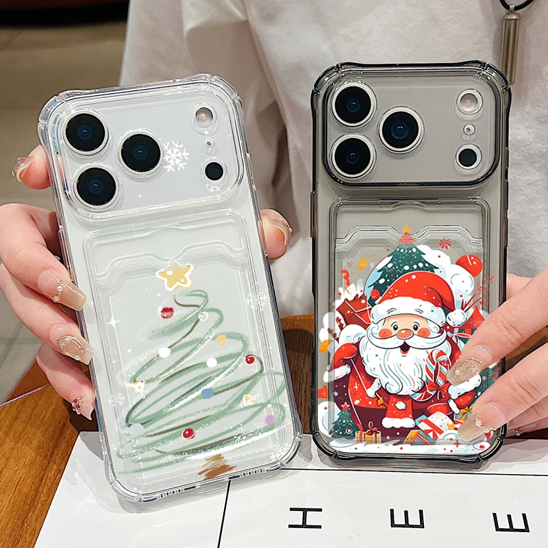 Weihnachtsmann-Kartensteckplatz-Tasche, transparente Handyhülle für iPhone Air 16e 17 16 15 14 13 Pro Max 11 12 17 Weihnachtsbaum, weiche Silikonhülle