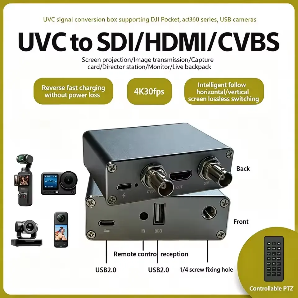 UVC To HDMI SDI CVBS Converter for Pocket3/4 Action5/6 Insta360 USB Camera To TV Monitor Live Streaming Video Switcher Console